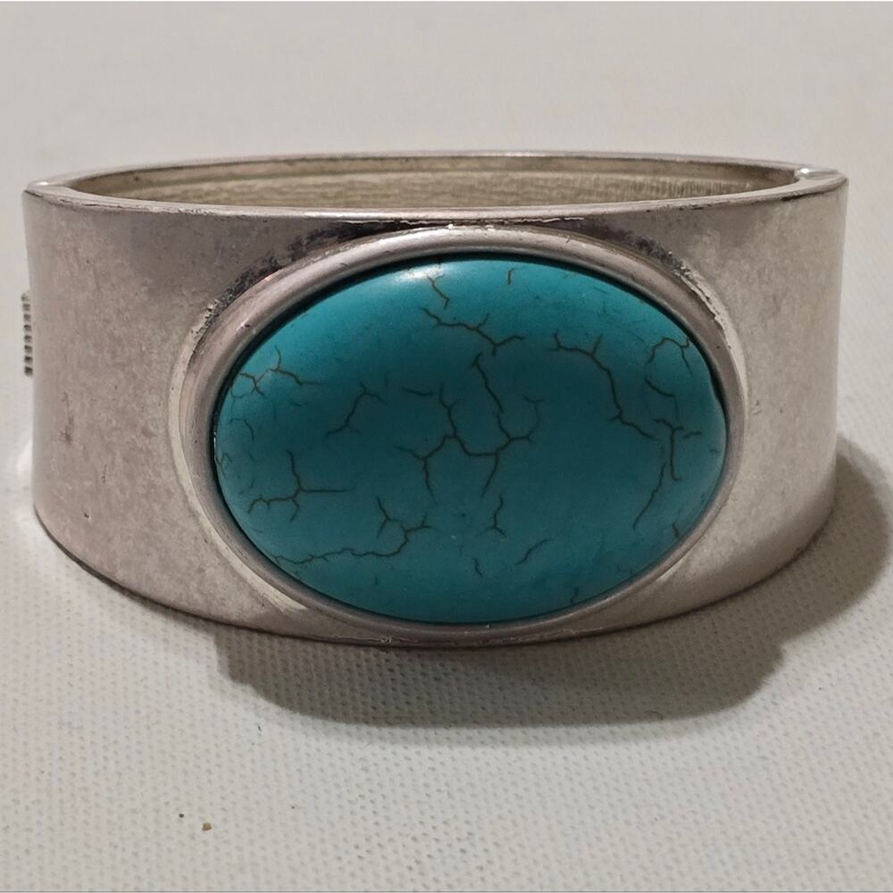 Vintage Turquoise and Silver‎ Statement Large Hinged Bangle Bracelet